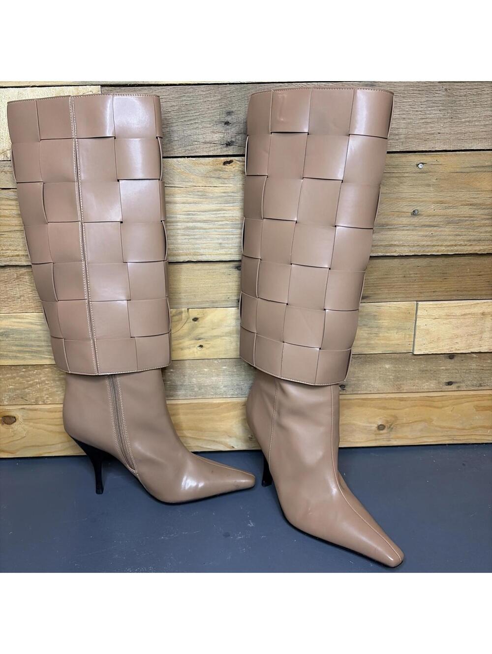 Jeffrey Campbell Skelter Boots 8 Tan Woven Faux Leather Knee High Runway Ready